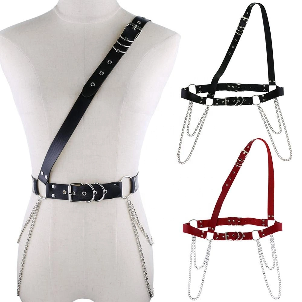 Body Harness Sex Leather Product for Men and Women Waist Belt Chain Punk Hip-Hop Silver Pin Leather Waistband