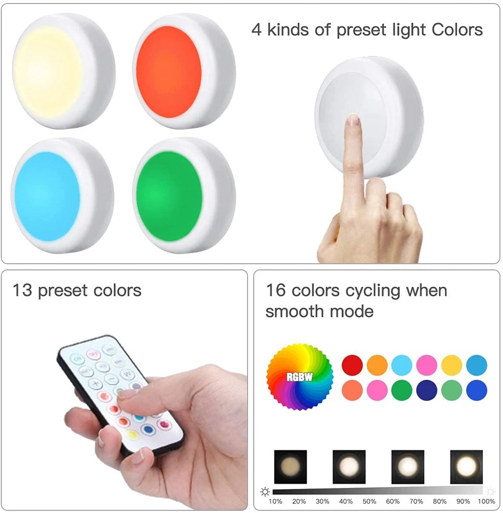 RGBW USB Chargeable LED Puck Lights Wireless Under Cabinet Remote Small Light for Shelf Kitchen Closet Night Lamp