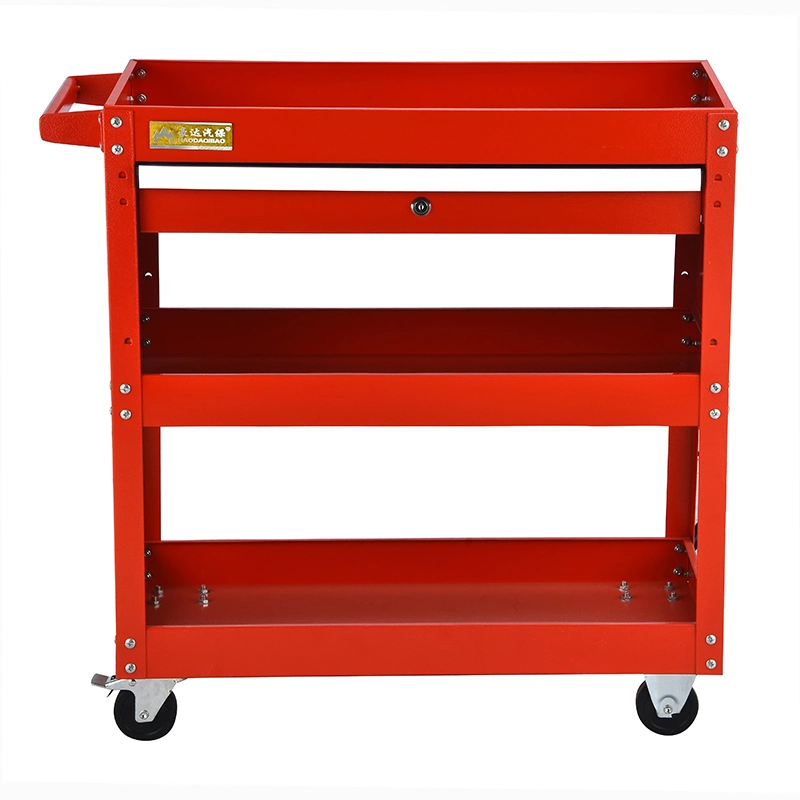 3-Tire Red Rolling Tool Trolley Metal Tool Cart with Lockable Drawer