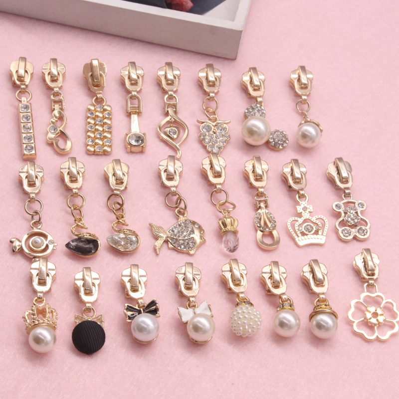 Hot Selling Boutique 5# Metal Zipper Head Diamond Pearl Pull Tab Pendant Zipper Head Slider Zipper Accessories