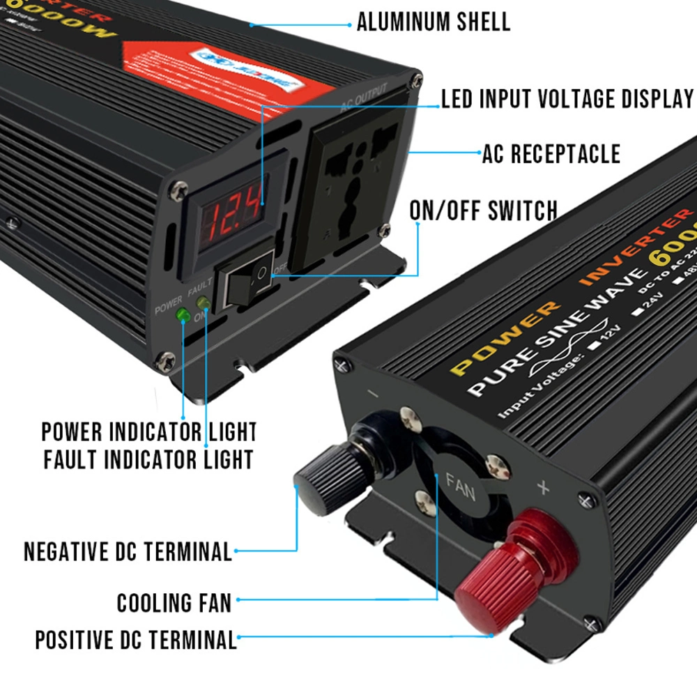 6000W Power Inverter DC 12V/24V/48V/60V to AC 220V Pure Sine Wave Voltage Converter Built in Transformer