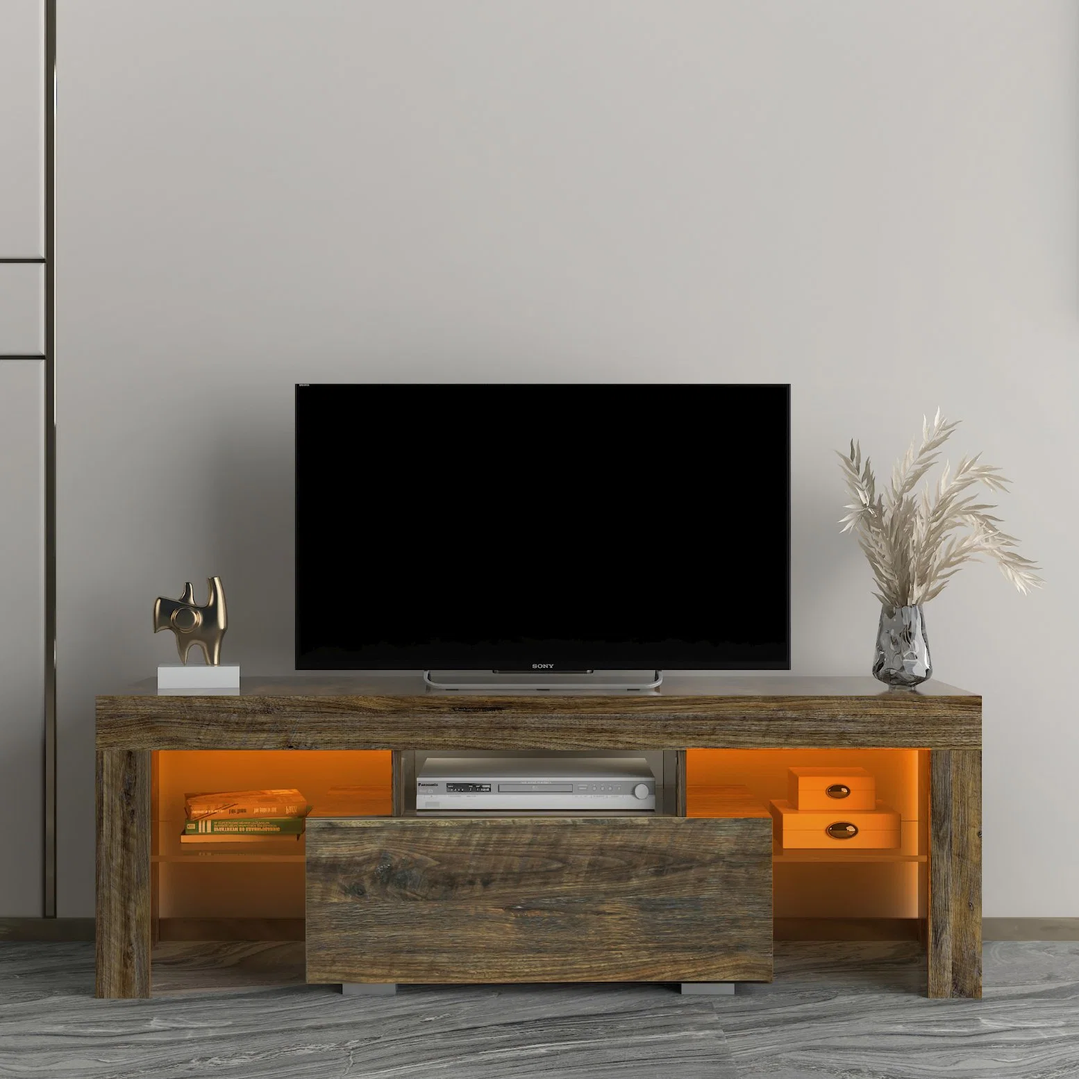 Home Living Room Furniture High Glossy Modern TV Cabinet Fireplace Wooden TV Unit Electronic Heater with Colorful Lamp LED Fireplace TV Stand