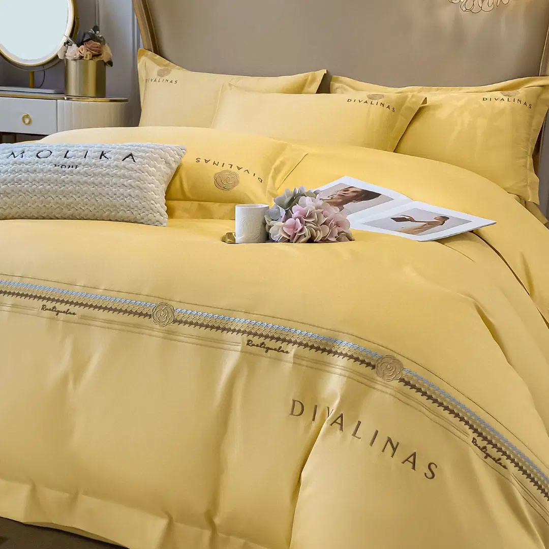 100% algodón ropa de cama tela de casa bordado de cuatro piezas Sábanas ajustadas Amador de edredón amarillo de tamaño king de tamaño almohada de las almejas Ropa de cama