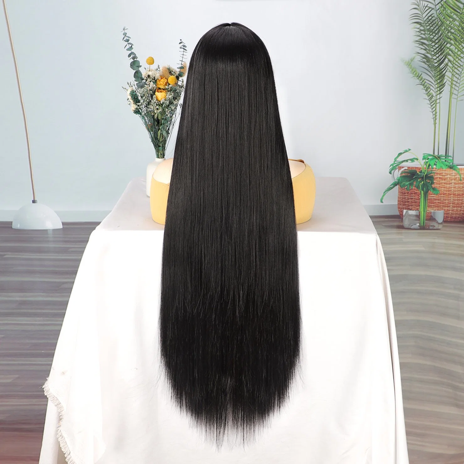 Cheap Synthetic Long Heat Resistant Synthetic Black Hair Wig with Frontal Lace