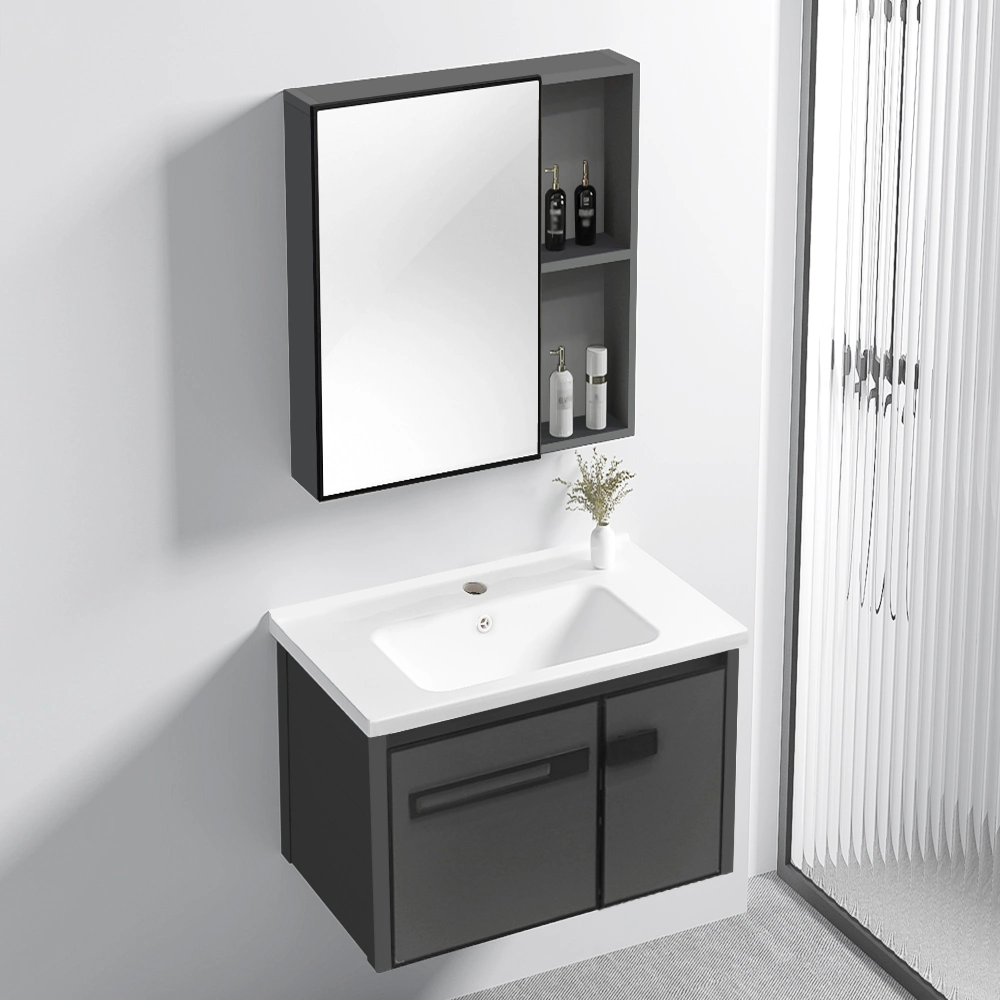 Aluminio aleación Decorativa Negro mate pared montado impermeable tocador de baño Armario espejo con fregadero