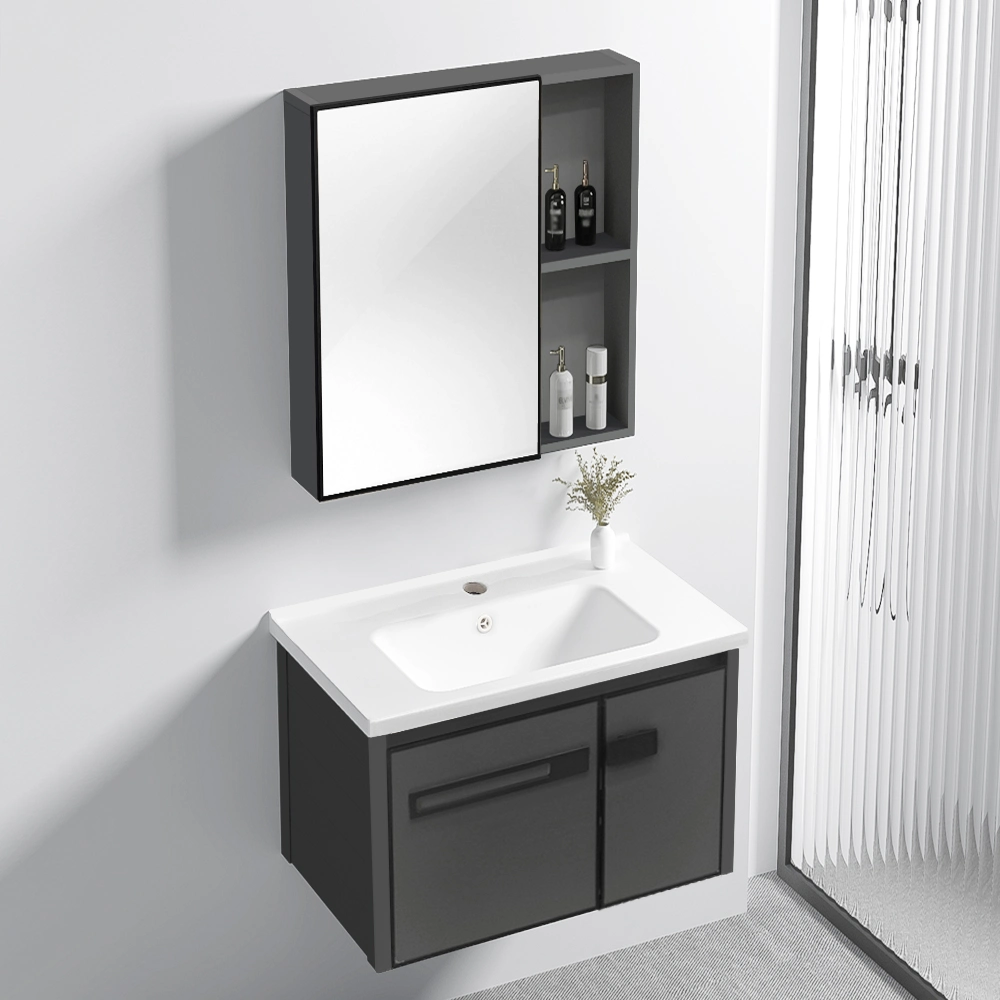 Meuble-lavabo de salle de bain étanche en alliage d'aluminium mat noir décoratif à montage mural Armoire miroir avec évier