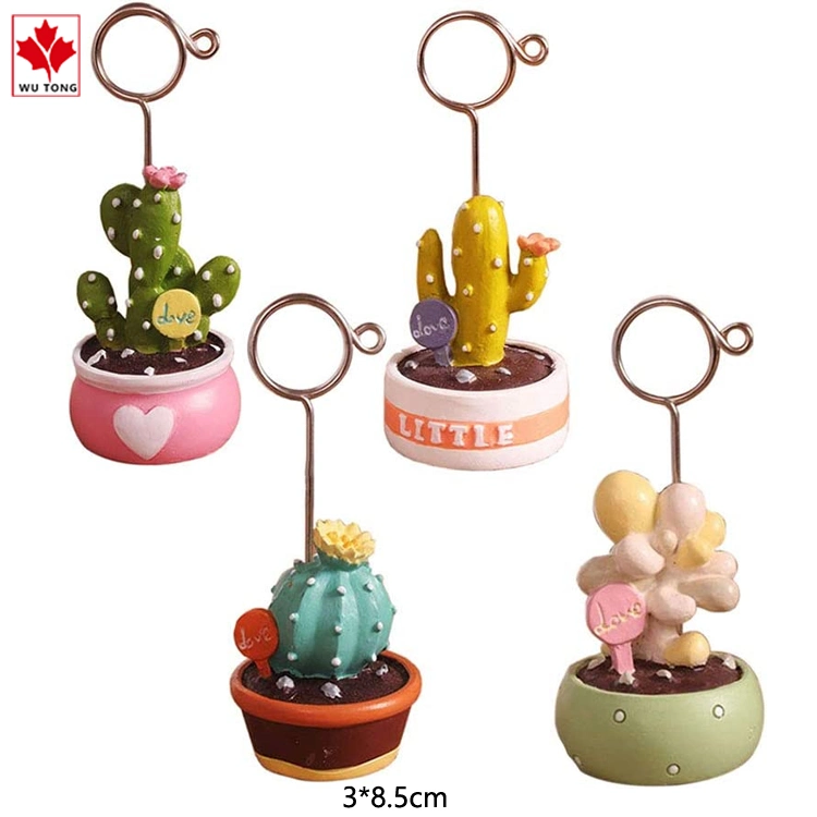 4 Pieces Mini Succulent Plants Bonsai Memo Clip Resin Cactus Statue Name Card Holder Decor