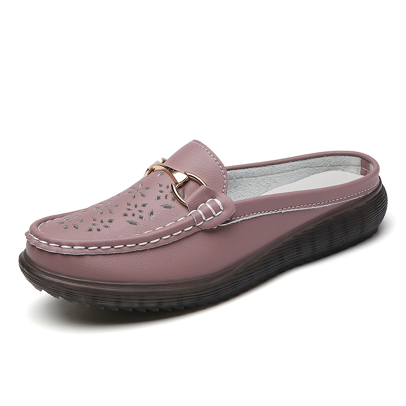 2024 Delicate Luxury Fashion Comfort Casual Women Shoes Semi Slippers Closed Toe Hollow out Metal Buckle Slip on Loafers Lady Woman Shoe Female Footwear