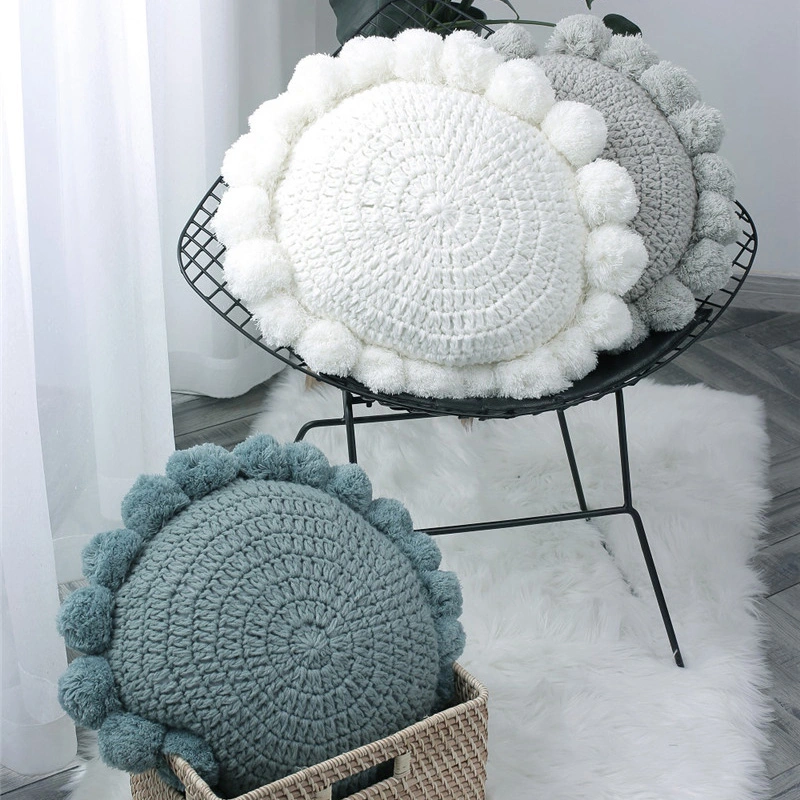 Coussin de tricot gris bleu uni Vintage Pad Vert 50x50cm Cute Pompom Coussin de balle doux pour un canapé-lit pépinière décoratif de chambre