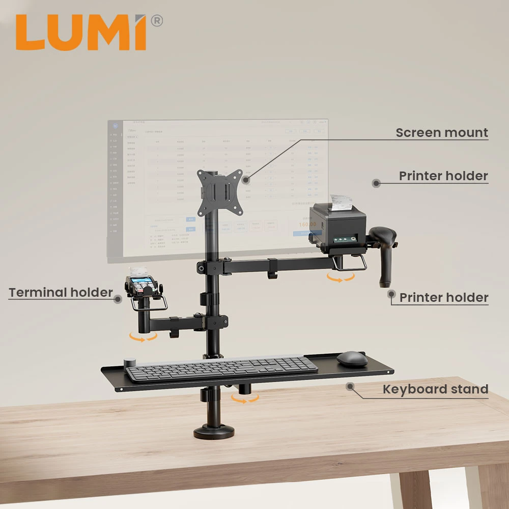 Pantalla POS de terminal de tarjeta de crédito universal ajustable con inclinación giratoria personalizable Soporte con soporte de impresora de monitor y bandeja de teclado