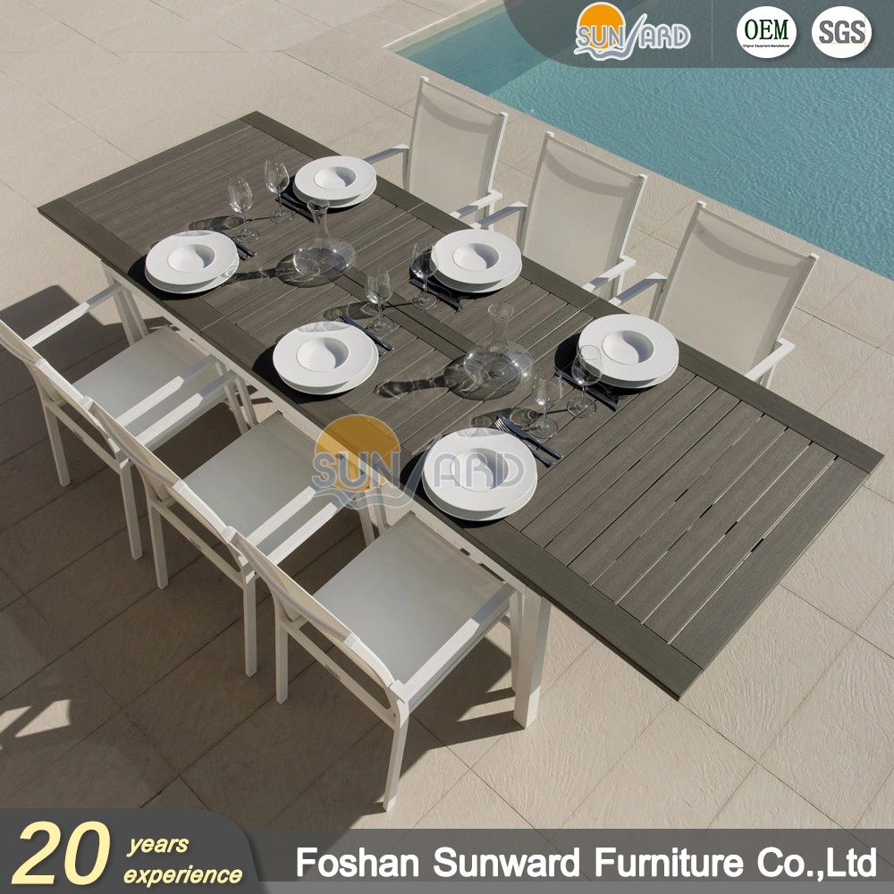 Hot Sale Sunward Customized Garden Resort Hotel Outdoor Leisure Patio Dining Restaurant Aluminum Plastic Wood Chair and Table Furniture