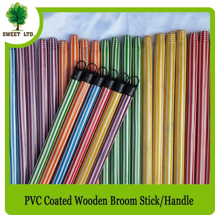 Hot Selling PVC Cover Plastic Coated Varnish Wooden Broom Mop Handle Stick
