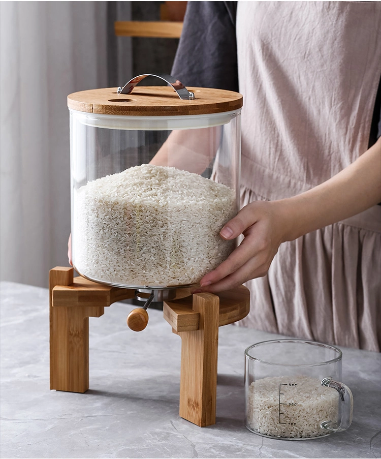 Tamaño grande 8L el uso de la cocina de vidrio de borosilicato de almacenamiento de arroz de la cuchara dispensadora de tarro con Base de Madera