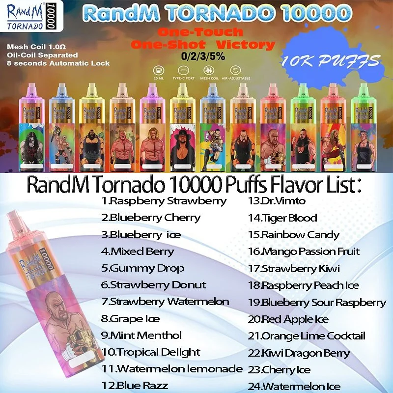 Original Randm Tornado 10000 Puff Disposable E cigarrillos 0,8ohm malla Bobina 20ml 1100 mAh batería recargable electrónica CIGS Puff 10K Luz RBG de control de flujo de aire