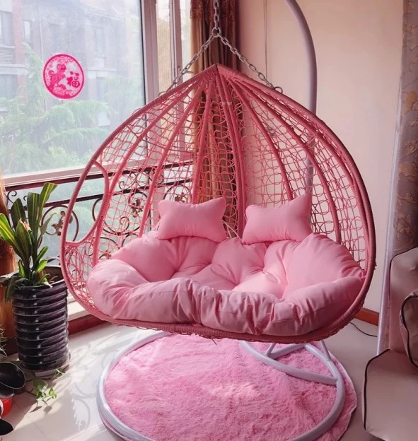 Double Egg Rattan Swing Chair Hanging Chair with Metal Stand