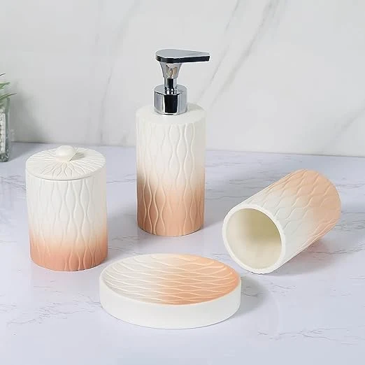 4 Pièces Orange Moderne Ensemble d'Accessoires de Salle de Bain en Céramique Sculptée à la Main avec Lignes pour Hôtel