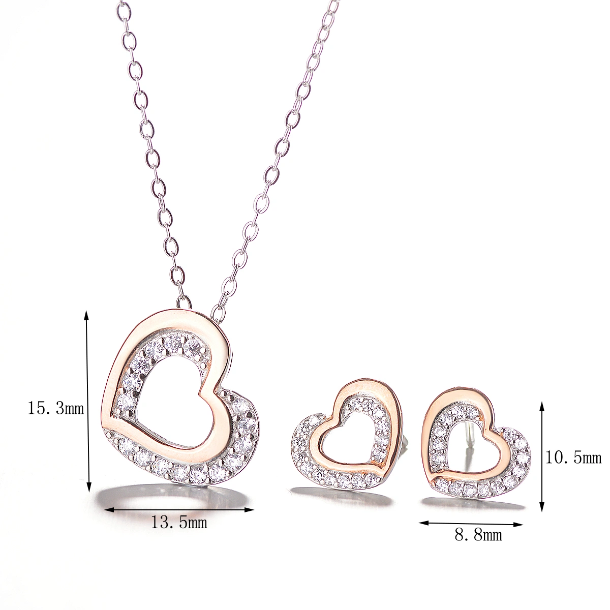 Fashion 925 Sterling Silver Zirconium Heart Set with Rose Gold and Rhodium Plating Jewelry