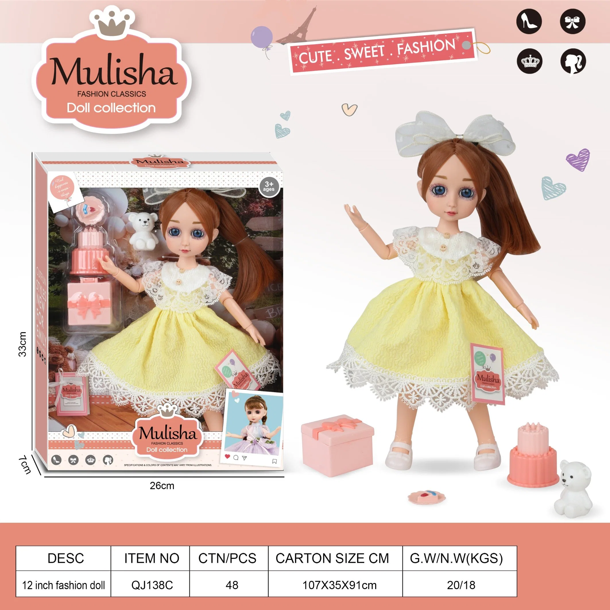 Mode hübsche Prinzessin Puppe Set mit Kleidung Accessoires für Mädchen Kinder