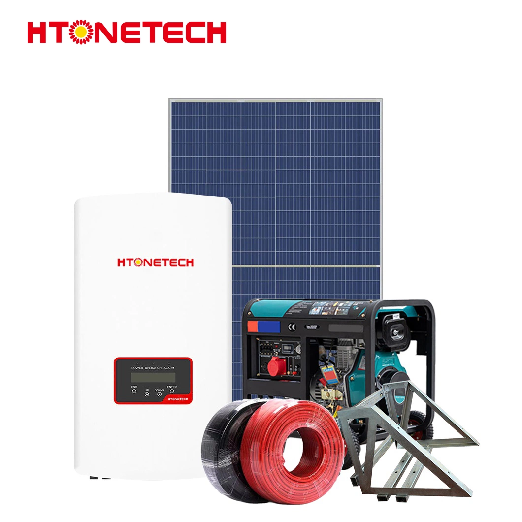 Htonetech Panel Solar monocristalino de fábrica de 700 W fuera de la red inversor de la turbina eólica China 20kw de potencia Solar Híbrido sistema con el generador diesel de 25 kVA.