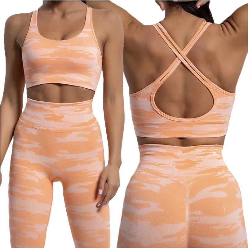 Factory Supply High Quality Colorful Sports Lounge Wear for Women, Sexy Orange Camo Gym Bra and Yoga Pants Matching Seamless Workout Sets Running Outfits