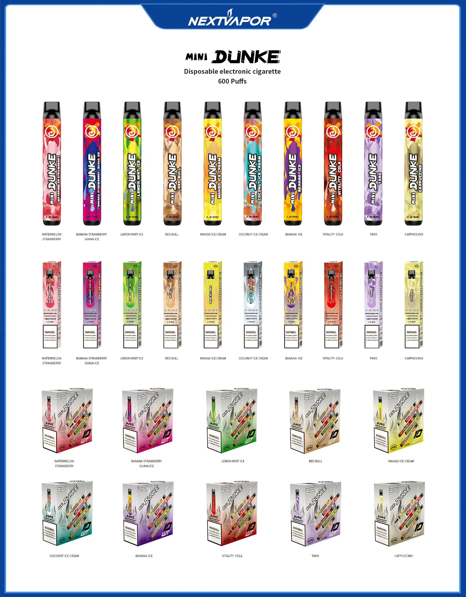 Dunke Series Disposable Vape Pen Vape Box E Cigarett Available 2/3/4/6/12ml E Juice 18/20/25mg Nic Salt 600/900/1200/1800/2000/5000 Puffs Vape Bar E Zigaretten