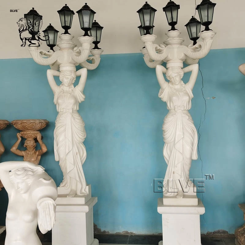 Fábrica Custom Garden Blanco Piedra Carving vida Tamaño Mujer de mármol Estatuas Escultura lámpara de piso