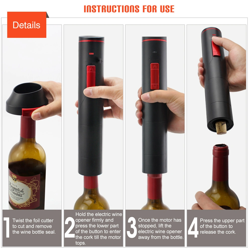 Custom Sublimation Stainless Steel Corkscrew Rechargeable Home Bar Electric Wine Bottle Opener