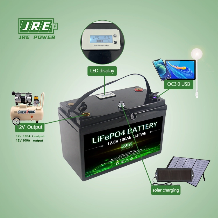 Jrepower Portable Multi-Functional Lithium 12V 100ah Deep Cycle Battery with Cigarette Lighter Power Port/USB/LCD Display