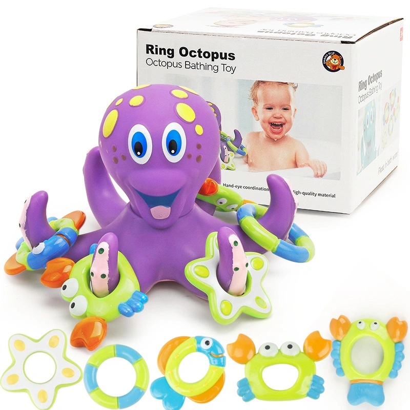 2022 Amazon Eco-Friendly Floating Funny Cartoon Baby Bathtime Bath Toys with 5 Rings Plastic Purple Bath Octopus Animal for Kids