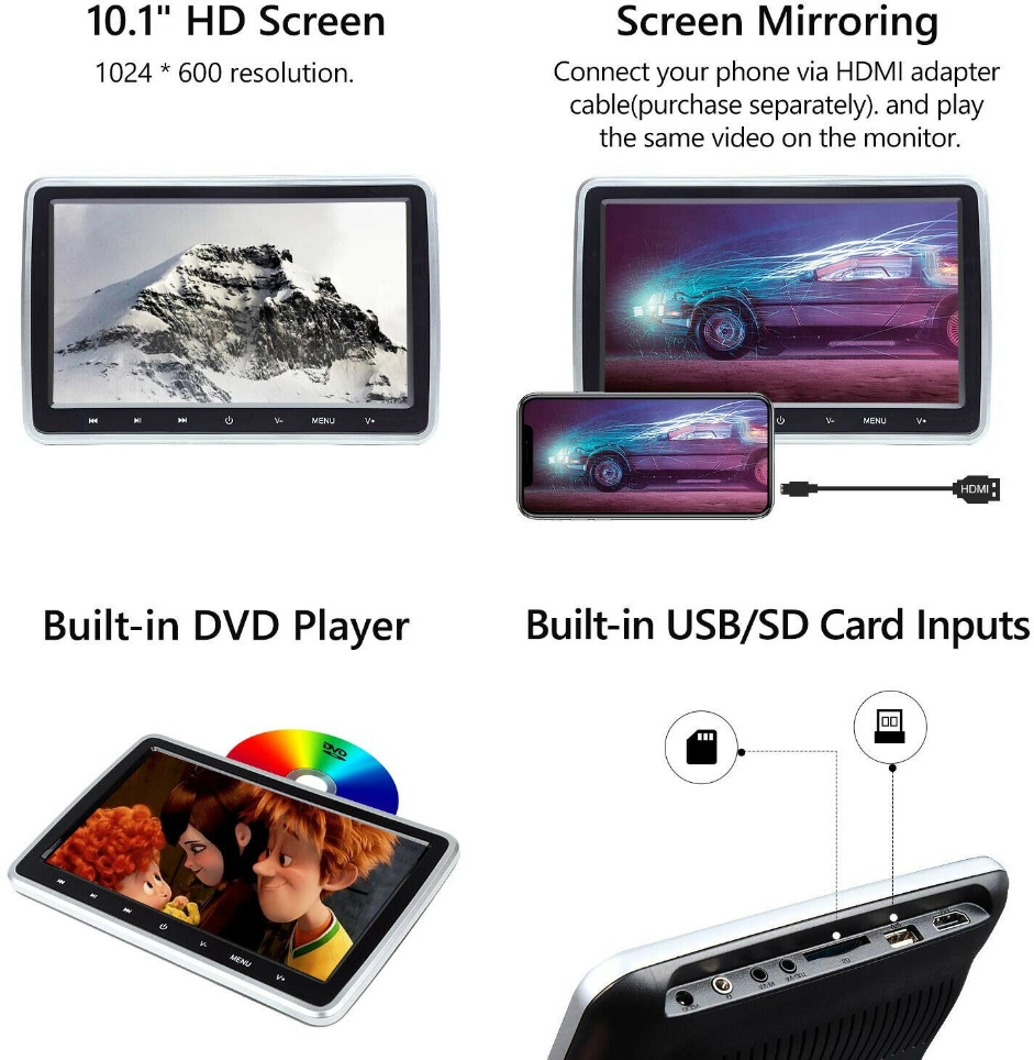 مشغل DVD للوسائط المتعددة للسيارة بحجم 10.1 بوصة مع إدخال HDMI