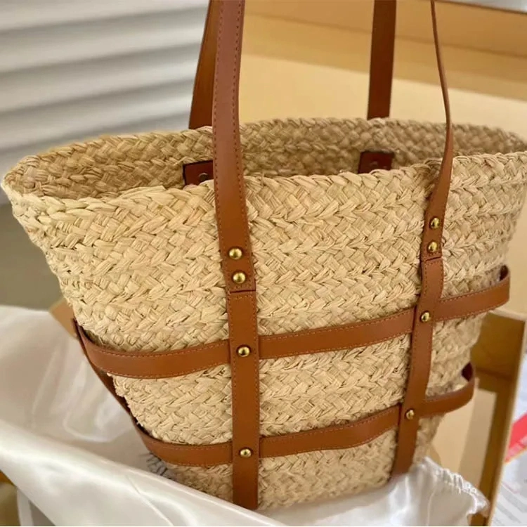 Bolsa de tejido de verano en la playa de remache bolsas Tote niñas Shoppper Patchwork de tejer el diseñador de alta capacidad de la bolsa de hombro