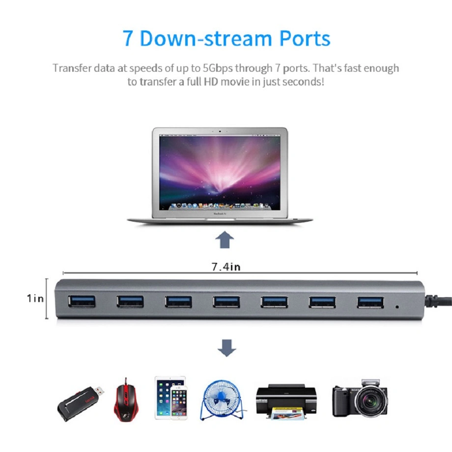 7-Port USB3.0 Aluminum Hub with Power Adapter