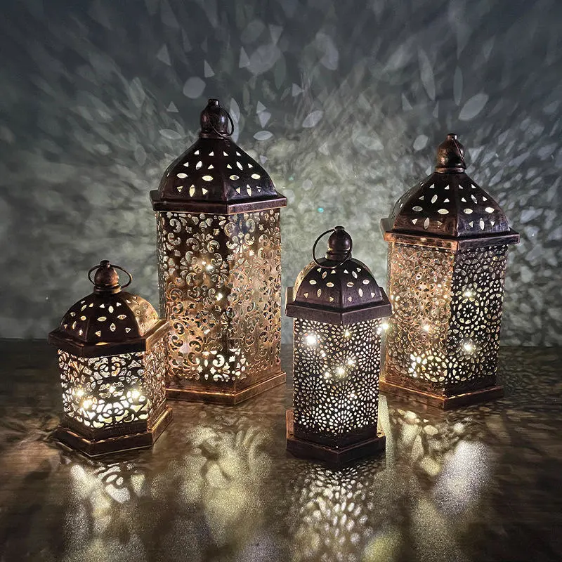 Eid Mubarak Iron Lantern Pendant with LED Light for Party Decorate Supplies