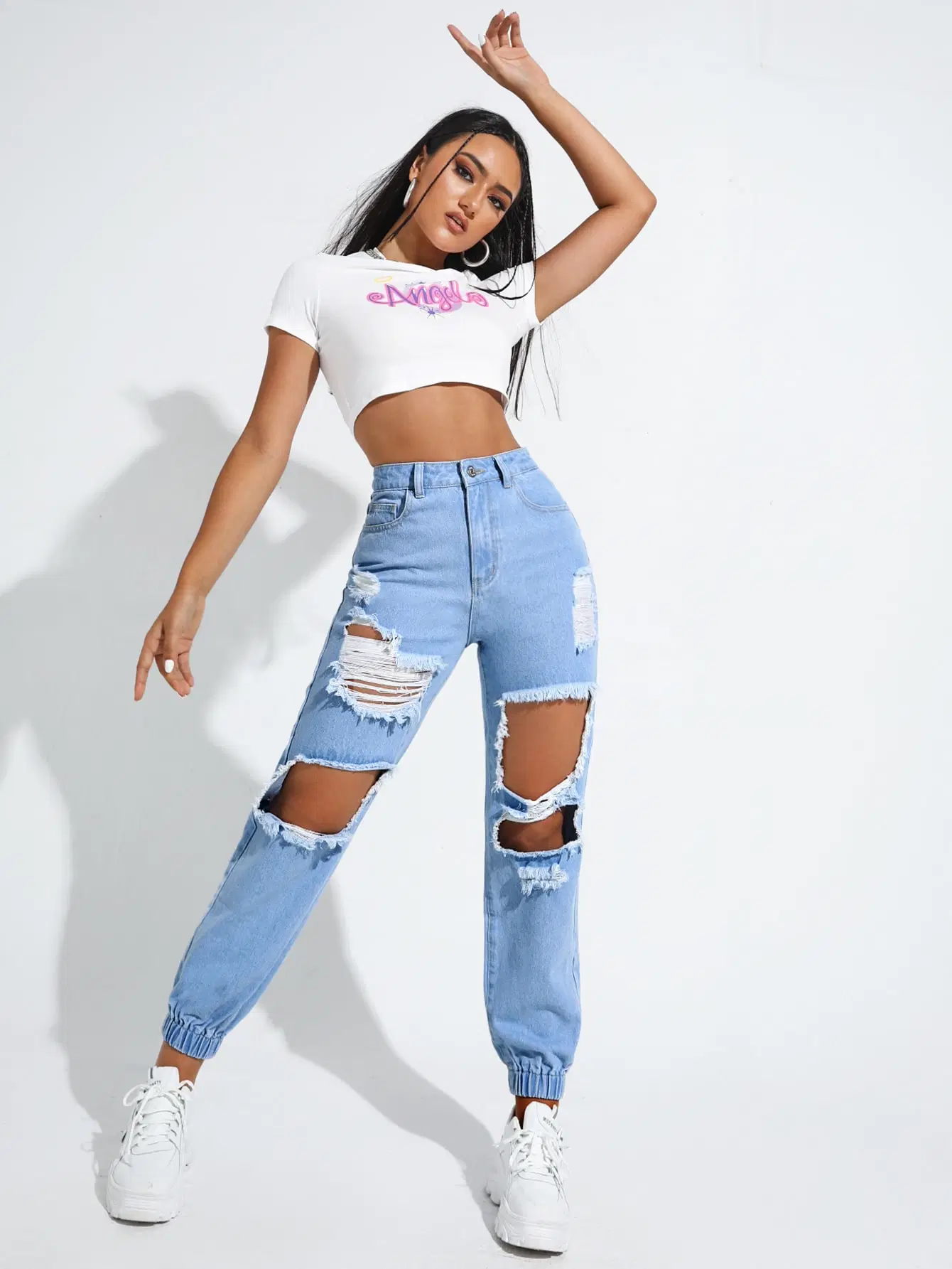 Hoch Taillierte Kratzlöcher Nicht-Stretch Qualität Elastan Unteren Saum Neu Fashion Lady Jeans Hellblaue Boyfrind Fit Jeans