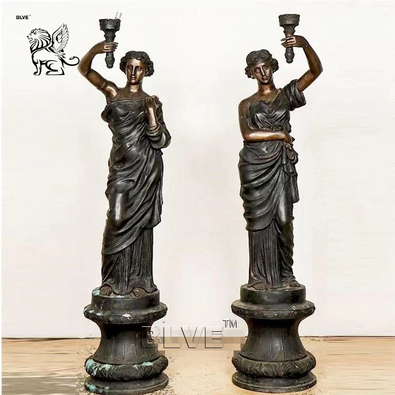 Garden Antique Metal Life Size Elegant Lady Lamps Sculpture Bronze Women Statues Lamp Factory