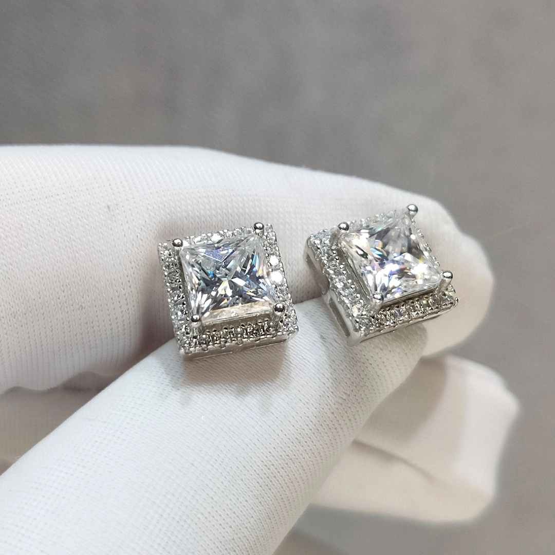 Silver 925 Original Total 2-4 Carat Princess Cut Diamond Test Past D Color Square Stud Earrings Real Gemstone Jewelry