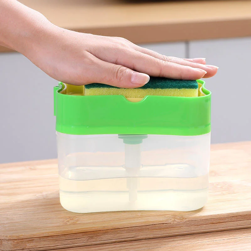 2 in 1 Scrubbing Liquid Detergent Dispenser Press-Type Pump Dish Soap Sponge Container