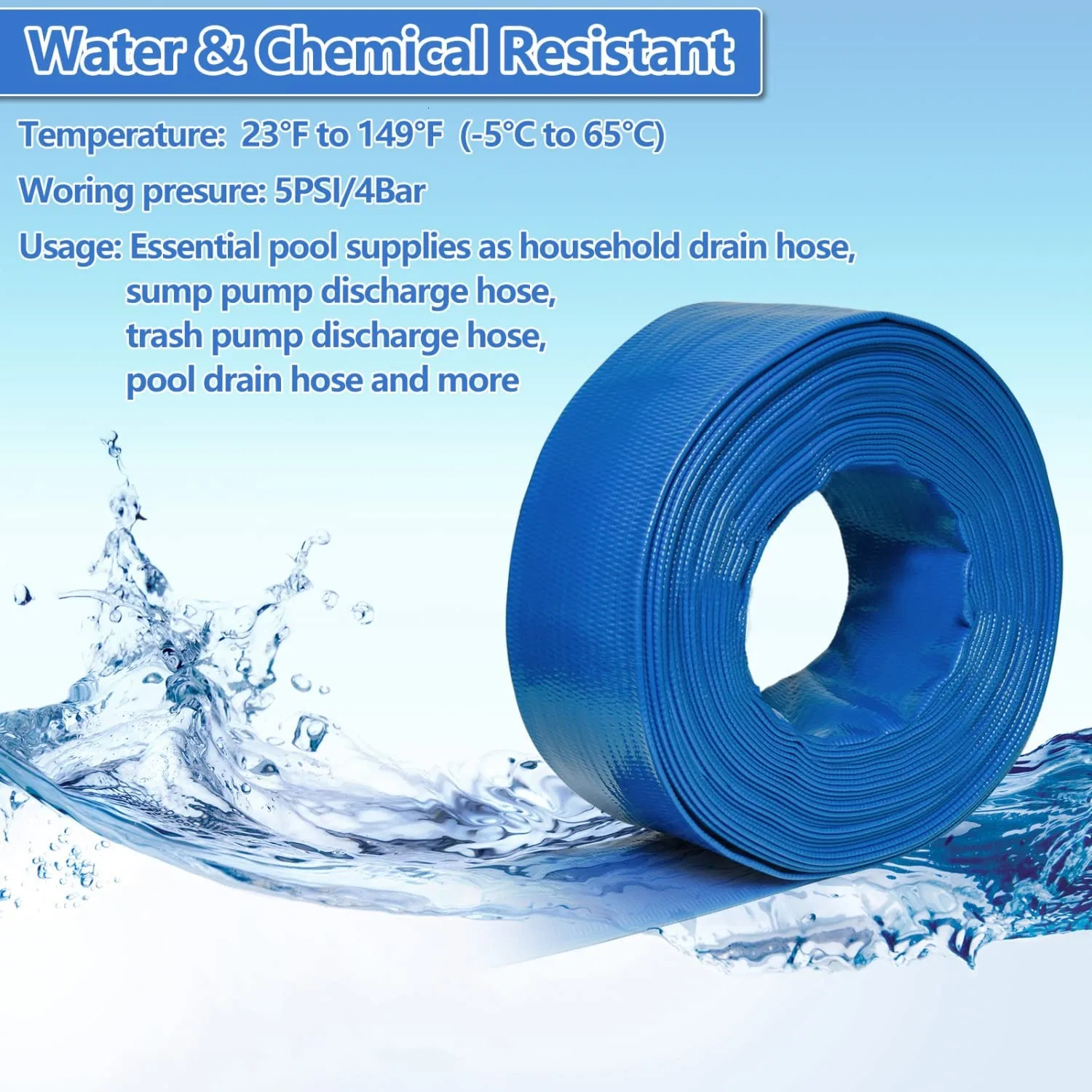 Blue PVC Backwash Hose Heavy Duty Discharge Hose Reinforced Pool Drain Hose for Swimming Pools