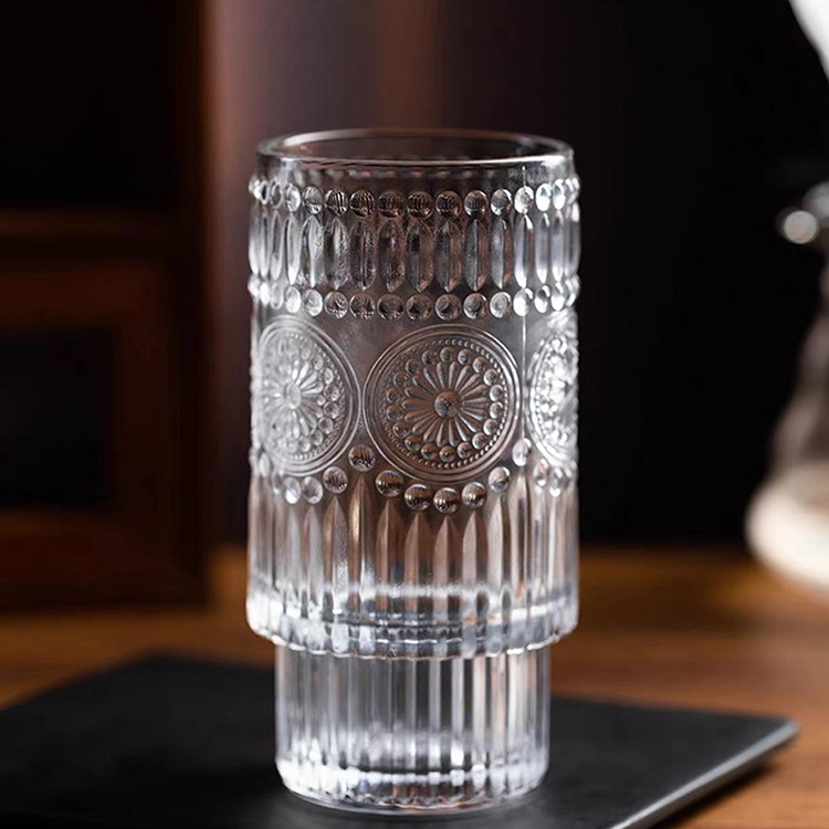 Antique Reusable Embossed Glass Sunflower Pattern Juice Wine Milk Cup Glassware Drinkware