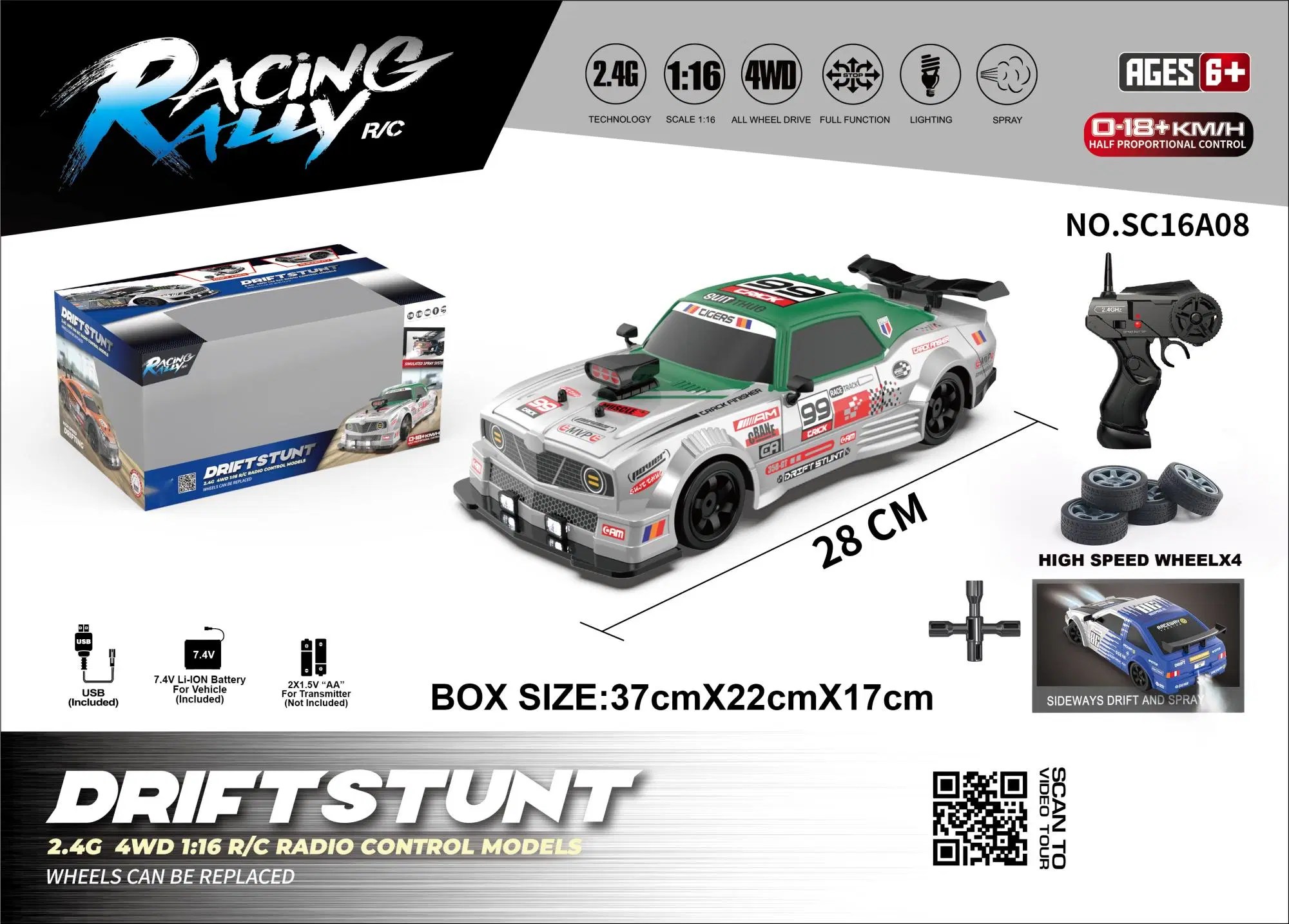 New Product 1: 16 Simulation 4WD Drift Car Sc16A05 Open Window Box Package Power 2.4GHz LED Lights Smoke Function R/C Toy