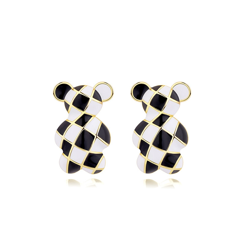 High quality/High cost performance  925 Sterling Silver Gold Plated Animal Cartoon Series Gummy Black and White Pink Stripes Zebra Teddy Bear Earrings