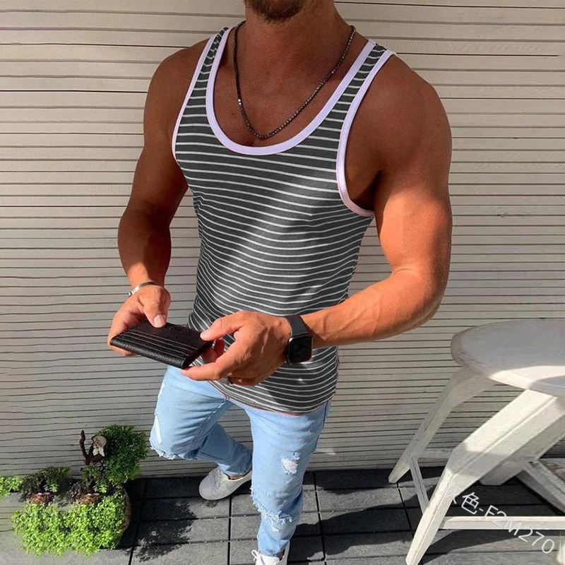 Fashion Striped Sports Men's Slim U-Neck Spring New Multi-Color Casual Top Vest Clothing