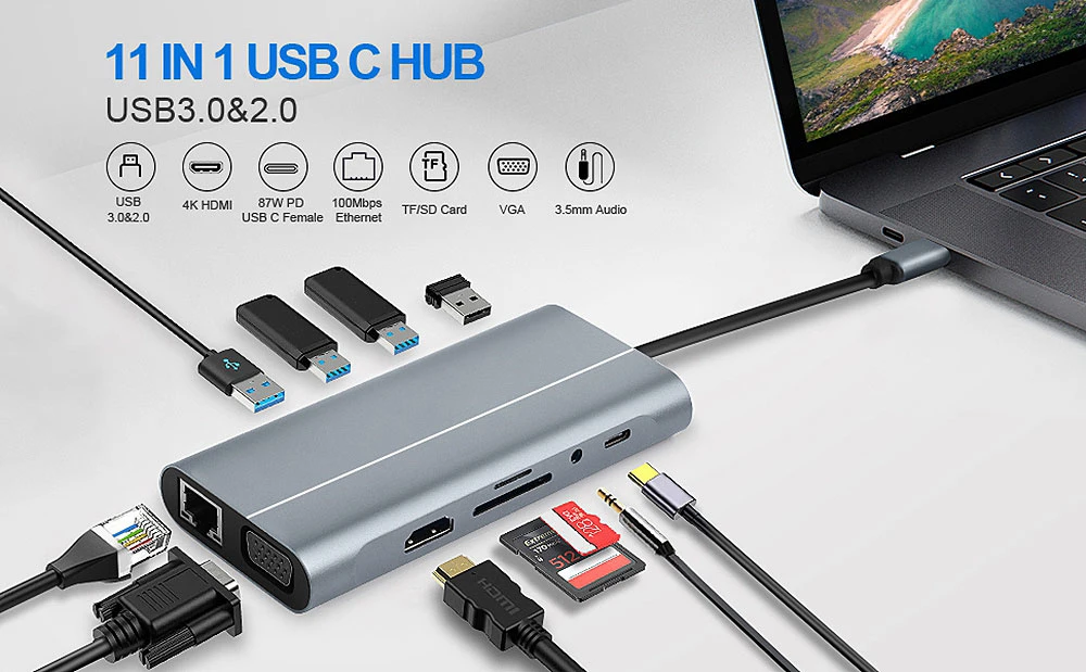 Custom OEM USB Type-C Hub Type C Docking Station with HD-Mi+USB3.0+Pd Power Delivery Charger USB-C to USB Adapter