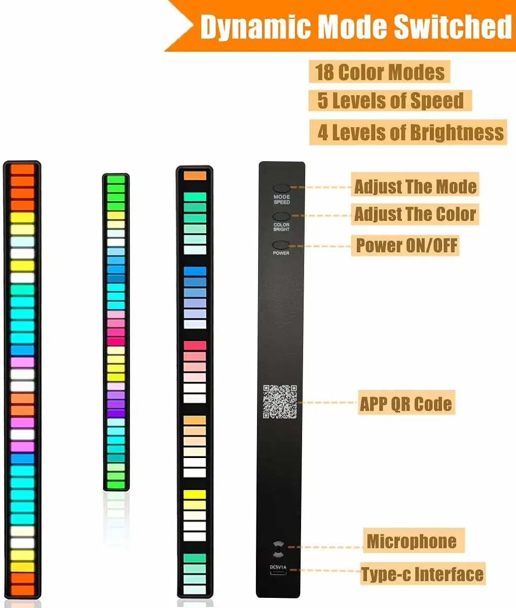 Colorful Atmosphere 3D Wireless Sound & APP Control RGB LED Music Pickup Rhythm Bar Lights with Stand for for Car Gaming PC TV