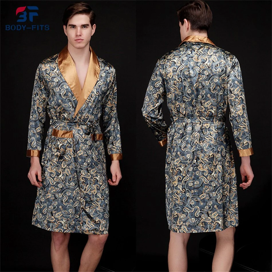 Commerce de gros hommes d'impression Robe de satin de soie Robe de nuit Peignoir kimono à manches longues