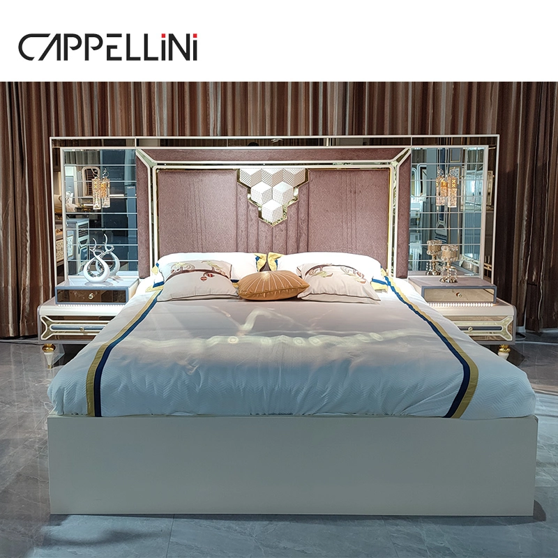 Nuevo diseño Royal Classic espejo cabecero de madera King Size tapizado Suite con cama, muebles de lujo modernos