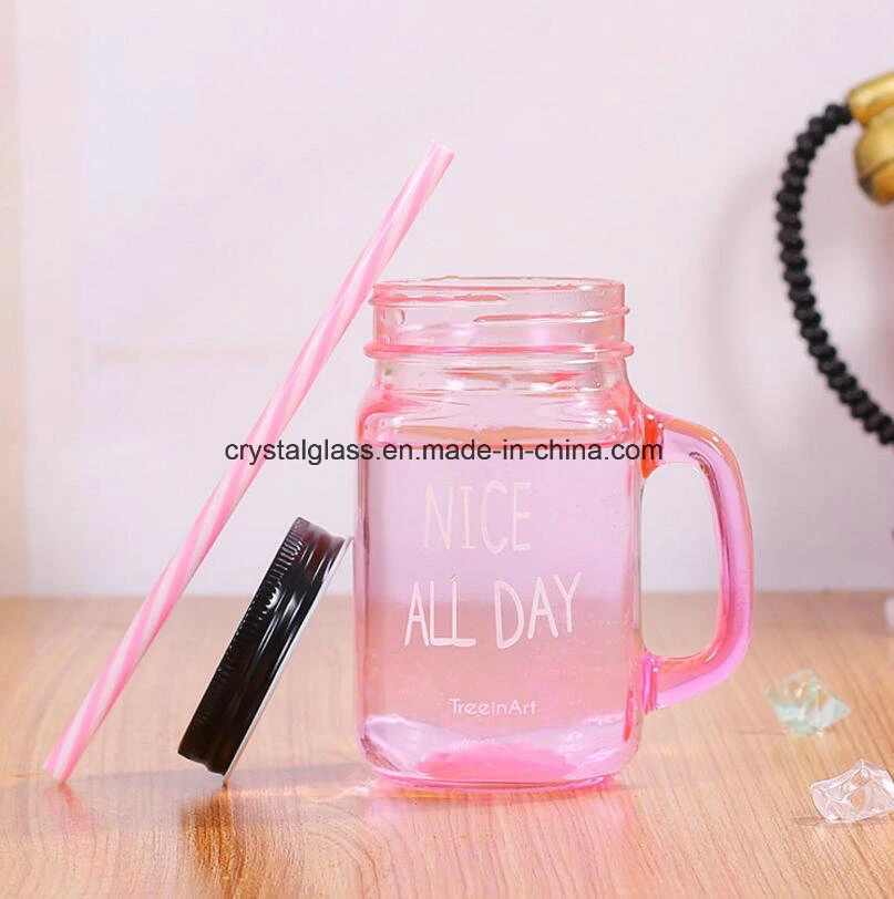 Embossed Glass Bottle Mason Jar with Handle for Milk Shake and Smoothie