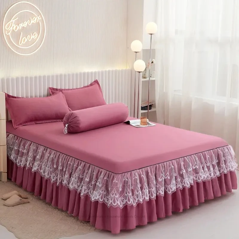 100% Cotton Korean Style Girl Heart Bed Skirt Quilt Cover Four Piece Set Bedding