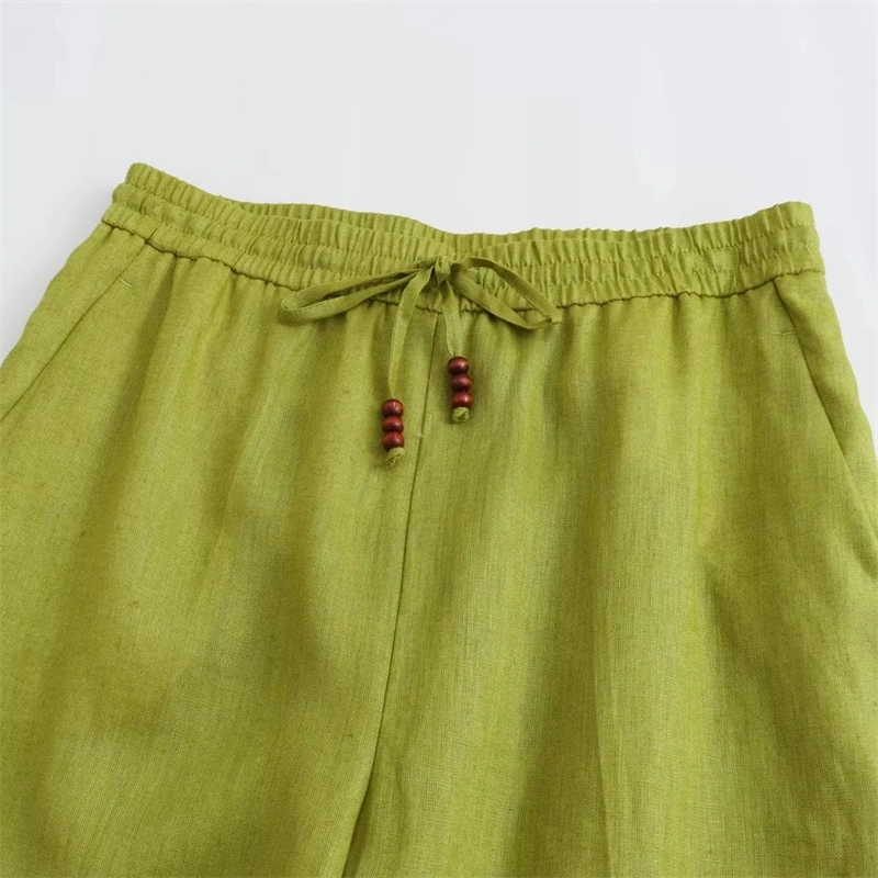 2023 Autumn New Pajama Style Linen High Waist Trousers Olive Green Elastic Waist Beaded Casual Pants