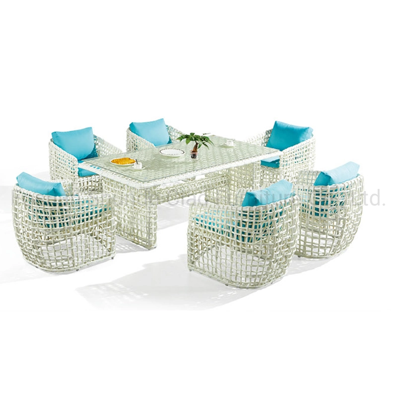 Patio urbano industrial de la mesa de comedor al aire libre juego de muebles de jardín de junco de mimbre blanco